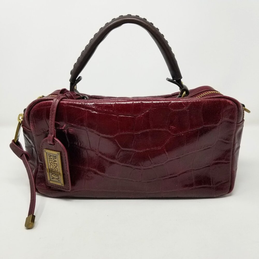 Badgley Mischka Dark Burgundy Red Faux Croc Embossed Leather & Brown Handbag